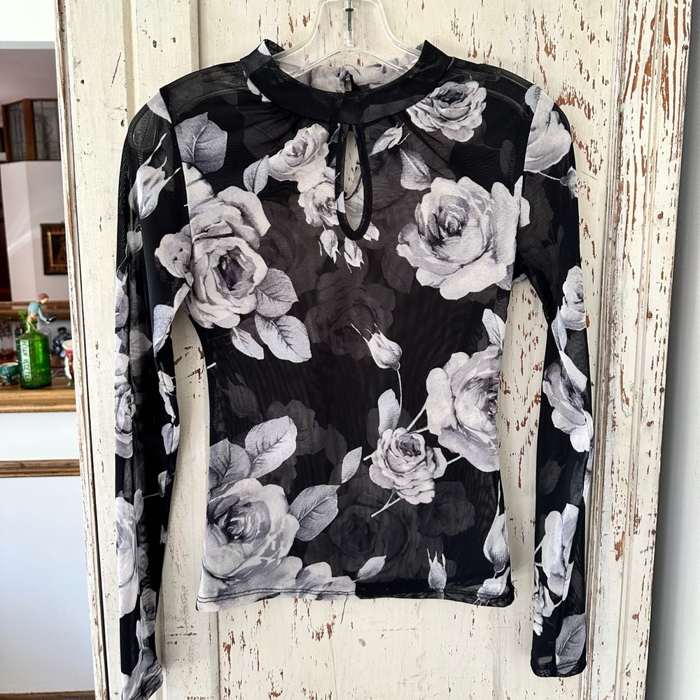 Chocolate Black with White Floral Mesh Long Sleeve Top